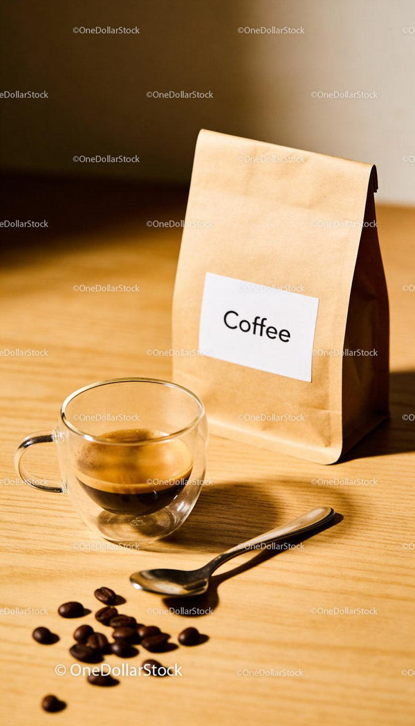 Freshly brewed espresso with coffee beans and packaging