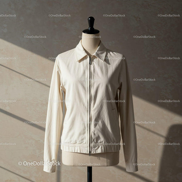 Minimalist white jacket on tailor mannequin indoors JPG Mockup Image