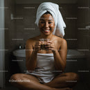 Happy Young Woman Relaxing with Coffee in Bathroom During Self-care