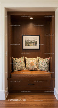 Elegant Wooden Nook with Decorative Cushions and Framed Landscape Art