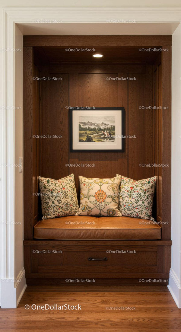 Elegant Wooden Nook with Decorative Cushions and Framed Landscape Art