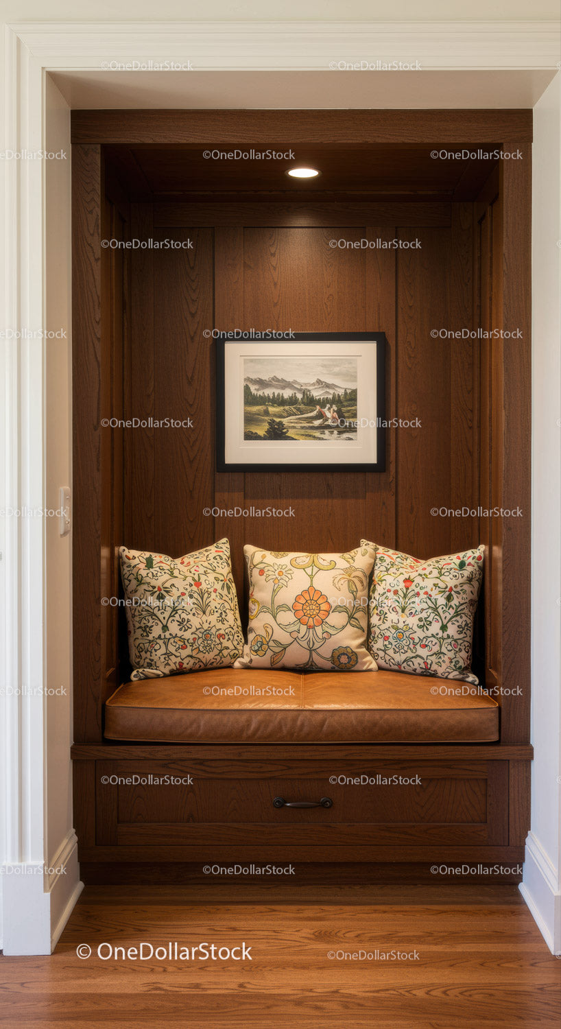 Elegant Wooden Nook with Decorative Cushions and Framed Landscape Art