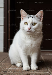 White Cat with Yellow Eyes Sitting on Floor Indoors