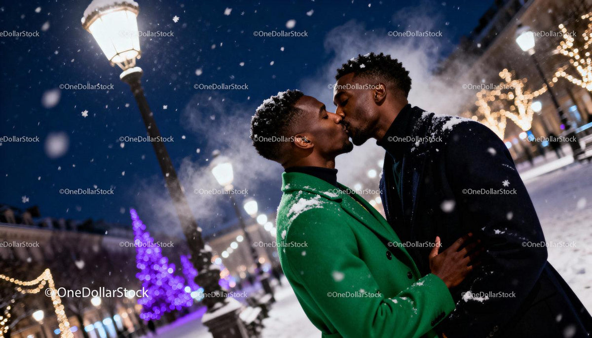 Couple sharing a tender kiss in snowy holiday lights
