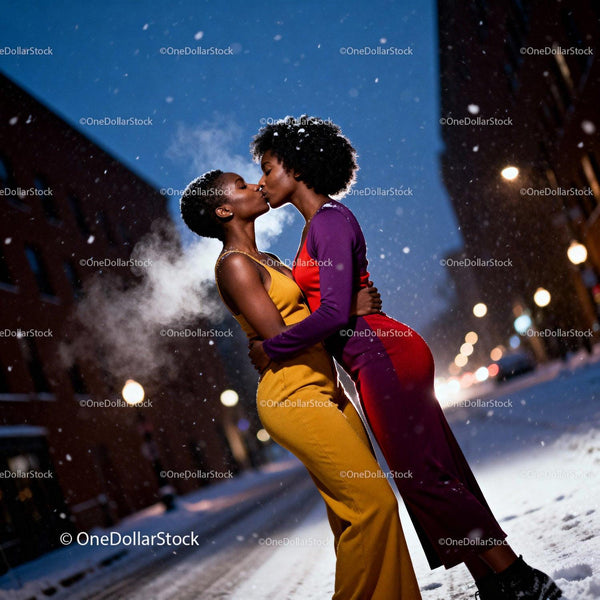 Romantic Winter Kiss Between Two Women on Snowy Street