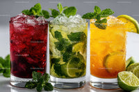 Vibrant Assortment of Fresh Fruit and Herbal Cocktails with Ice