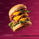 Stacked Cheeseburger with Multiple Beef Patties and Fresh Toppings