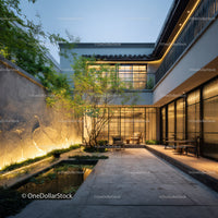Contemporary Modern Courtyard with Luxurious Outdoor Seating and Water Feature