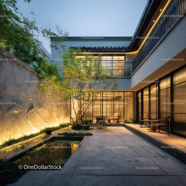 Contemporary Modern Courtyard with Luxurious Outdoor Seating and Water Feature