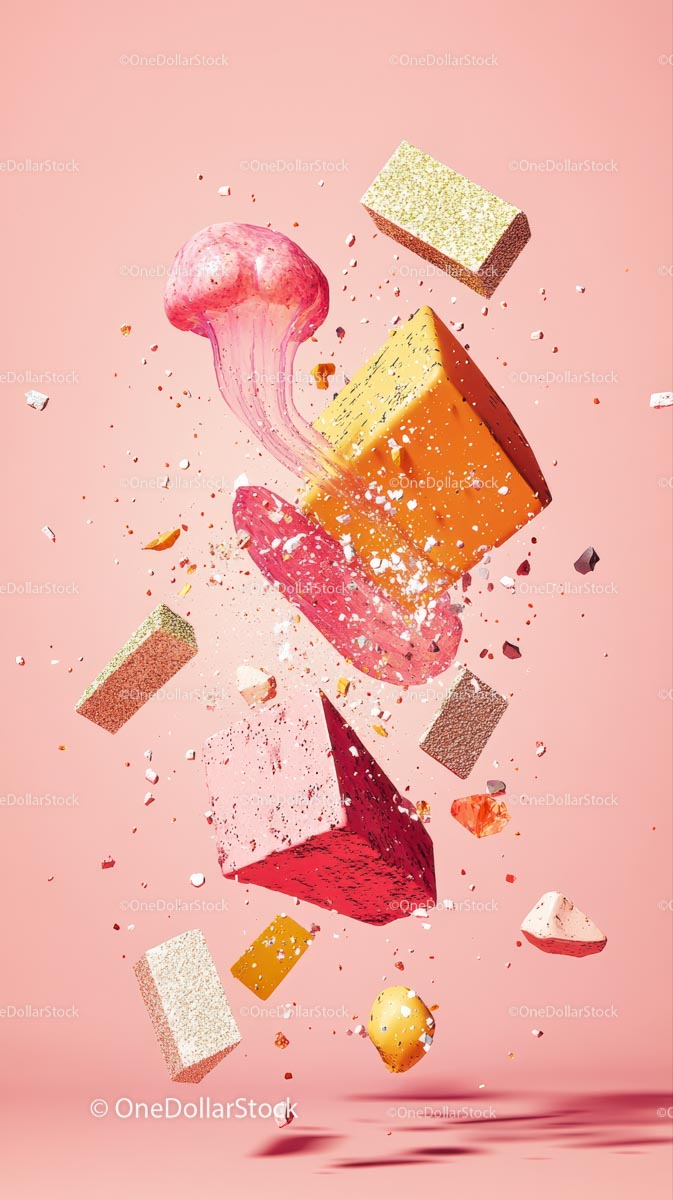 Abstract Floating Shapes with Jellyfish in Pink Background