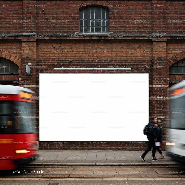 Urban street scene with blank billboard and passing trams JPG Mockup Image