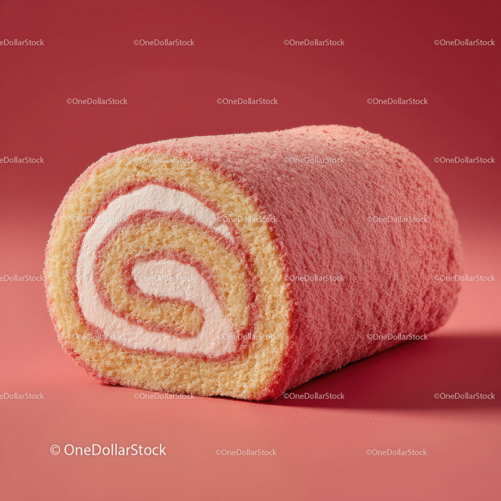 Pink Velvet Cake Roll with Cream Filling in Bright Red Background