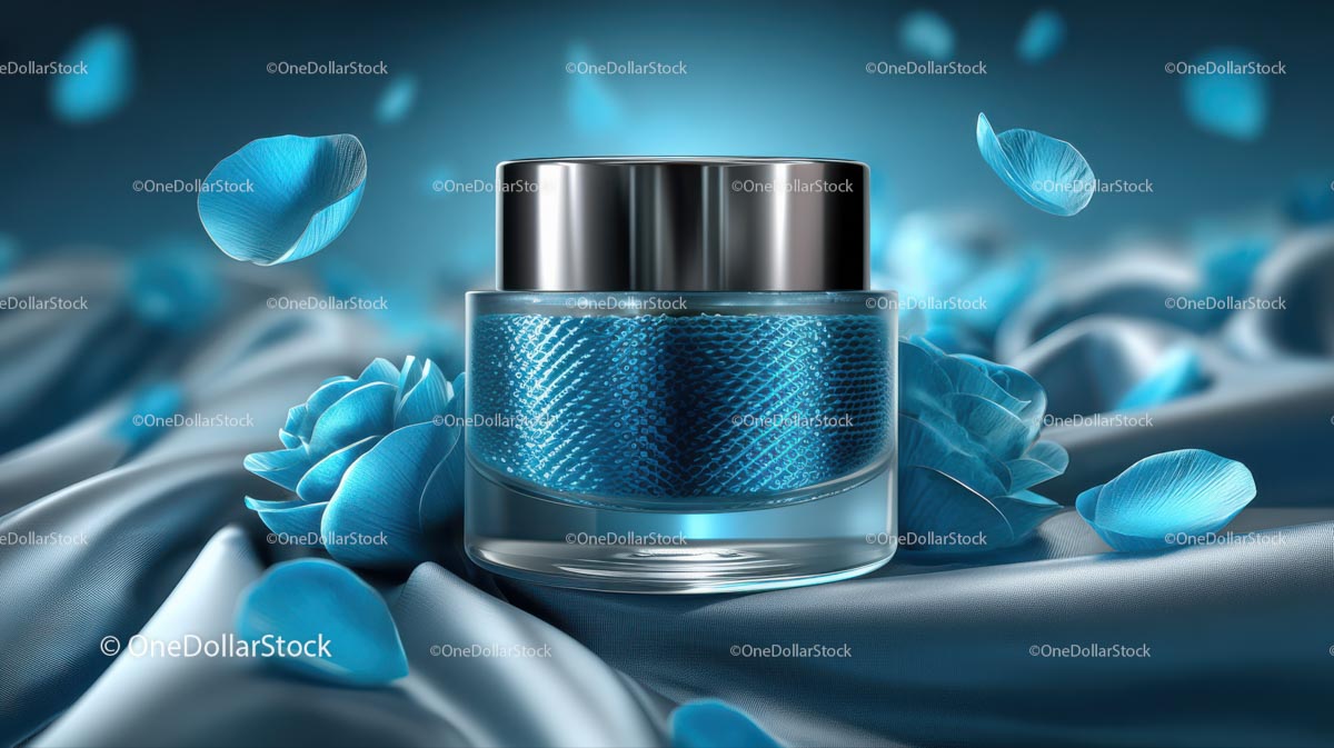 Luxury Blue Cosmetic Jar Surrounded by Elegant Floral Accents