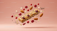 Healthy granola bar with nuts and berries floating