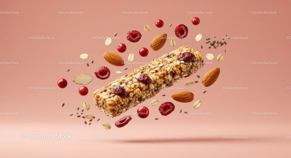 Healthy granola bar with nuts and berries floating