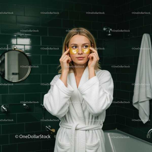 Young Woman Applying Eye Patches in Spa Bathroom