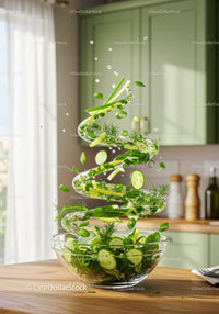 Fresh green salad ingredients swirling above bowl