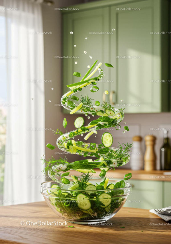 Fresh green salad ingredients swirling above bowl