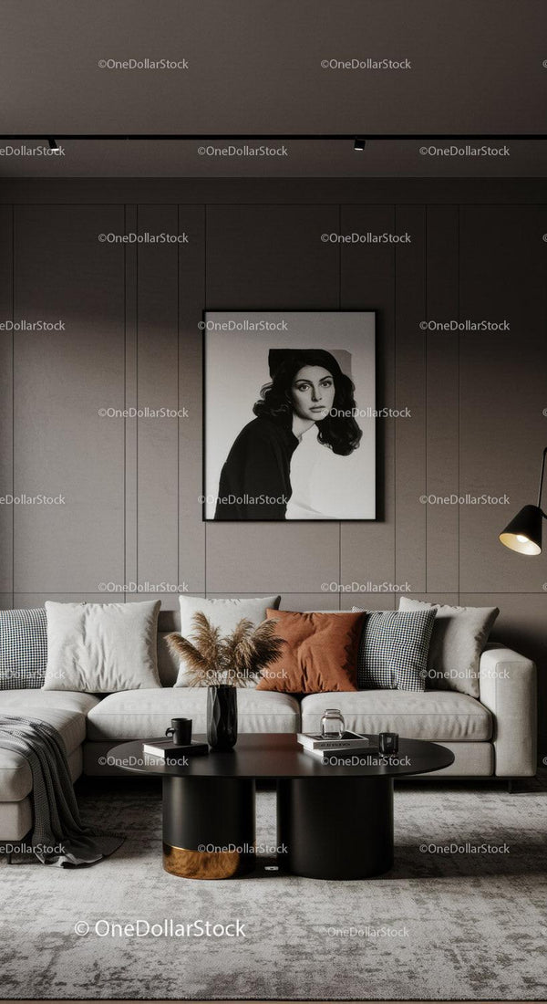 Stylish Modern Living Room with Black and White Portrait Artwork