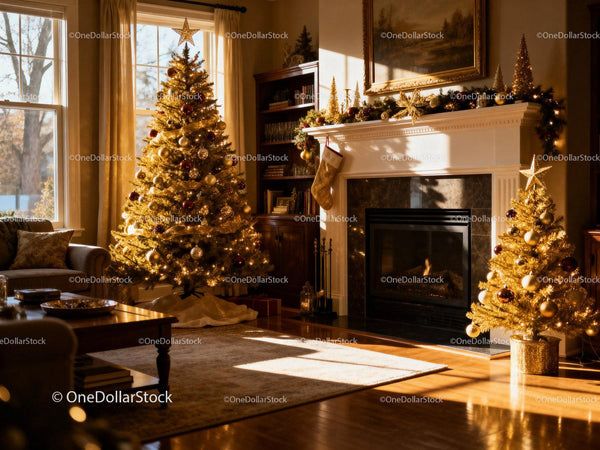 Cozy living room with elegant golden Christmas decor