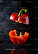 Fresh red bell pepper sliced in midair with water drops