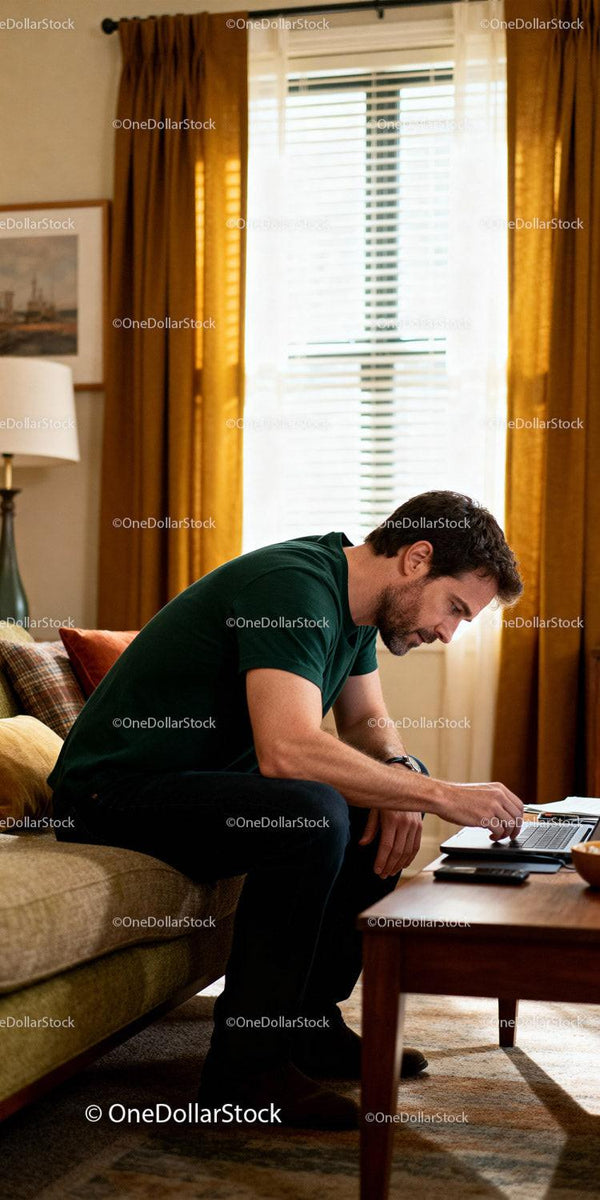 Man focused working on laptop in cozy living room