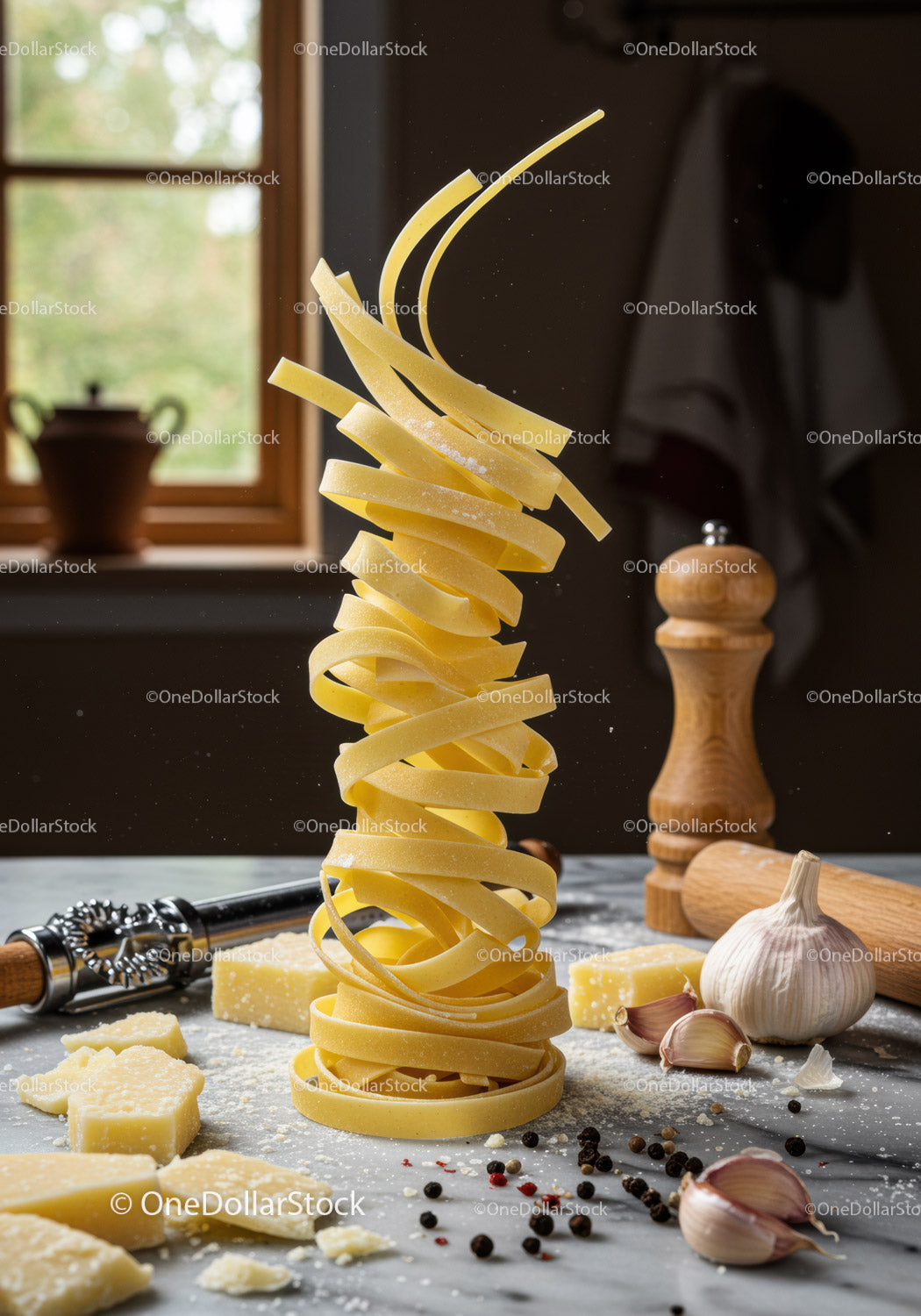 Rustic Kitchen Scene with Flying Tagliatelle Pasta