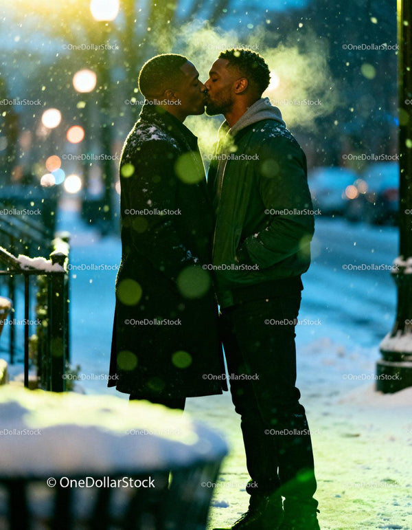 Couple sharing a tender kiss on snowy evening street