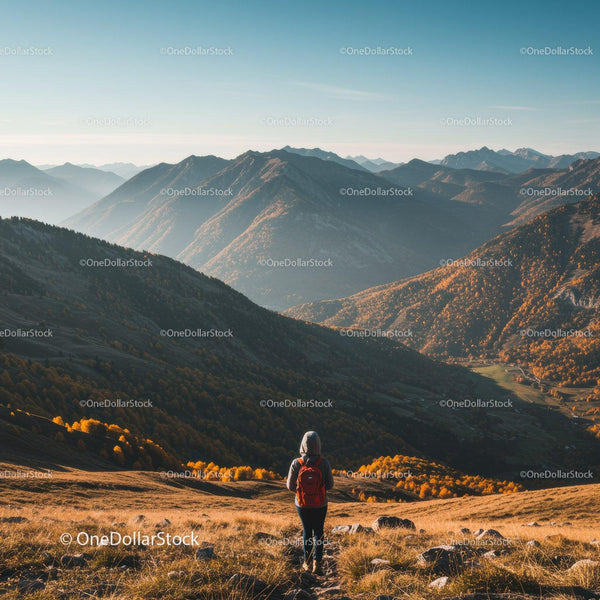 Scenic Mountain Landscape with Hiker Walking Through Autumn Foliage