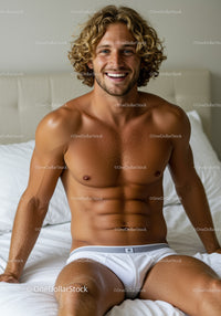 Smiling young man sitting on bed in white underwear