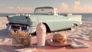 Vintage Car and Beachside Picnic with Classic Car in Retro Style