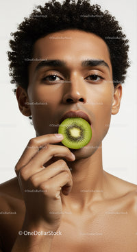 Young Man Biting Into Fresh Ripe Kiwi for Healthy Lifestyle