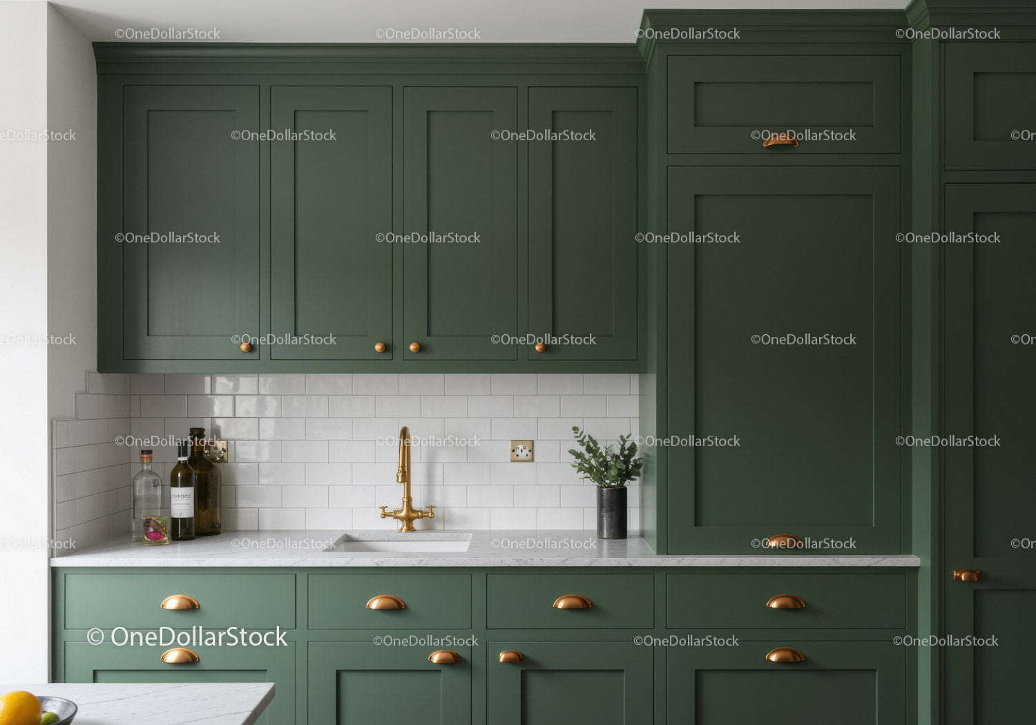 Elegant Modern Kitchen with Green Cabinets and Gold Accents
