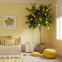 Yellow Lemon Tree in Wicker Basket in Cozy Nursery Room