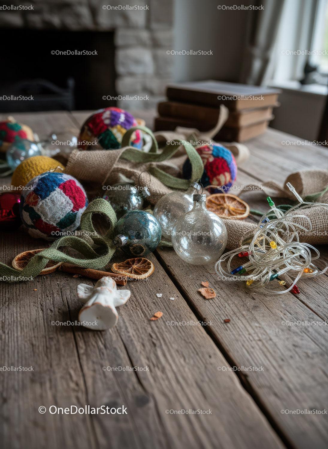Cozy rustic Christmas decoration scene on wooden table