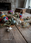 Cozy rustic Christmas decoration scene on wooden table