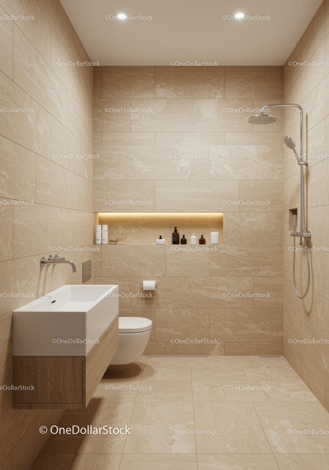 Modern Beige Bathroom with Walk-in Shower and Wall-mounted Sink
