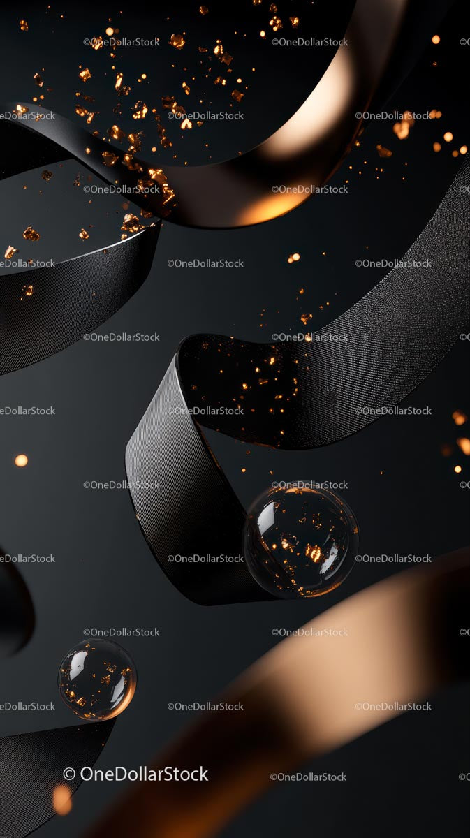 Eleganckie, abstrakcyjne czarne wstążki ze złotymi iskrami do luksusowego designu