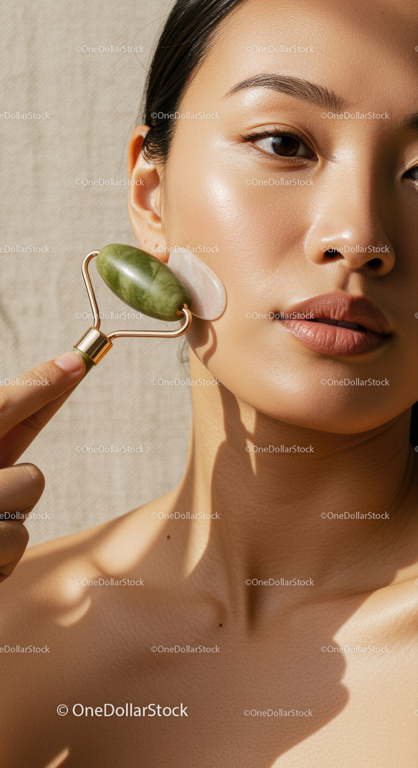 Close-Up of Woman Using Jade Roller for Facial Skin Care
