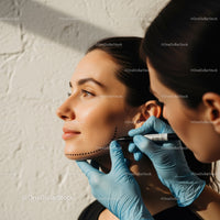 Woman undergoing facial contouring procedure in a beauty clinic