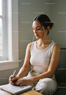Elegant Young Woman Writing in Notebook in Calm Indoor Setting