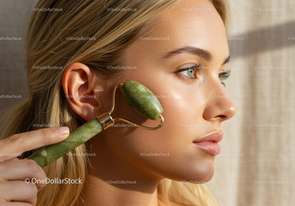 Close-Up of Young Woman Using Cucumber Facial Roller for Skin Rejuvenation