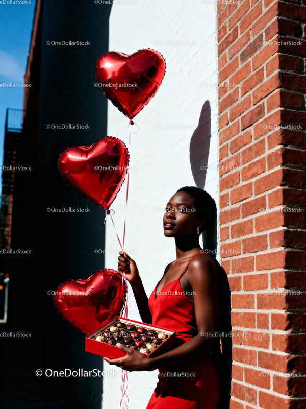 Woman in red dress holding heart balloons and chocolates