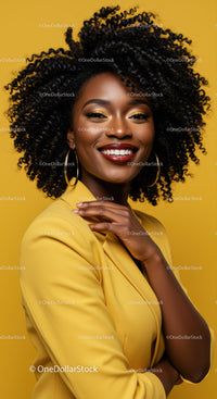Vibrant Woman in Yellow Blazer with Curly Hair Smiling confidently