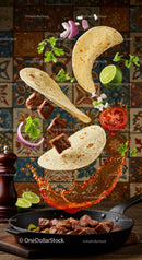 Flying ingredients for spicy beef tacos with fresh lime
