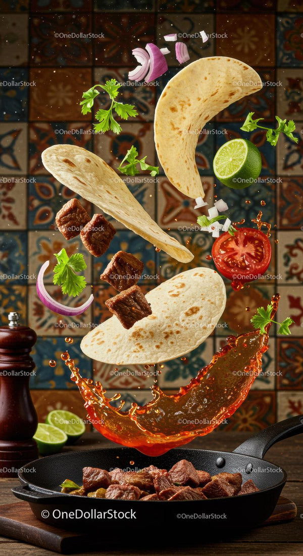 Lecące składniki do pikantnych tacos z wołowiną i świeżą limonką