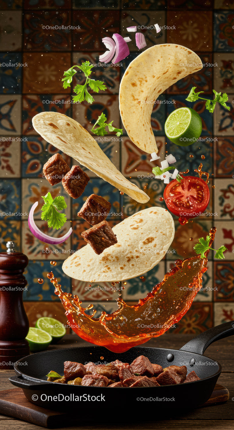 Latające składniki do pikantnych tacos z wołowiną i świeżą limonką