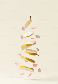 Floating Sliced Pear with Delicate Pink Flower Petals