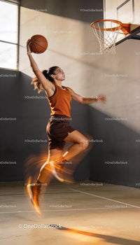 Female Athlete Leaping to Score a Basketball Dunk