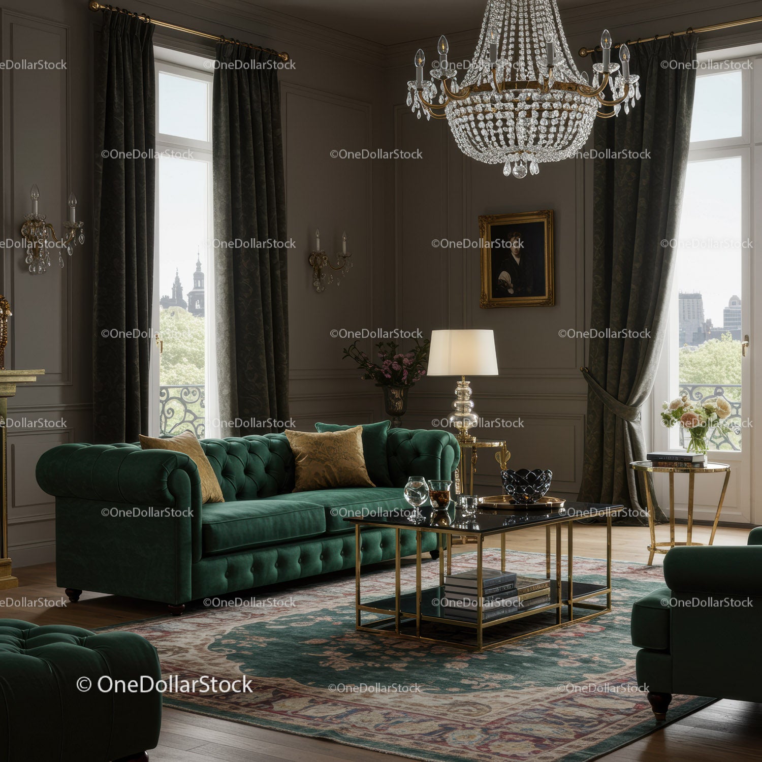 Elegancki salon z zieloną aksamitną sofą i klasycznym wystrojem